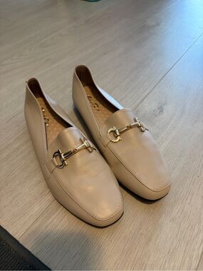 Beige Leather Loafers with Gold Horsebit Accent